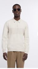 River Island Long Sleeve Slim Polo Shirt Top Cream Beige Brand New Size Small