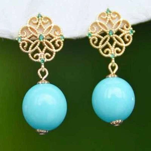 Handcrafted 12MM natural turquoise bead earrings 18K hooks Art Gold Gemstone - Picture 1 of 12