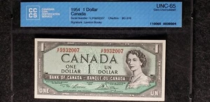 Bank of Canada 1954 $1 BC-37d V/F Lawson-Bouey (SN:V/F9932007) GEM 65 - Picture 1 of 2