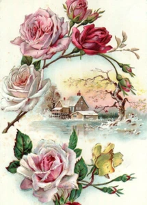C1890 Large Victorian Rose Winter Landscape Reward Merit Trade Card Gibson Art - Picture 1 of 3