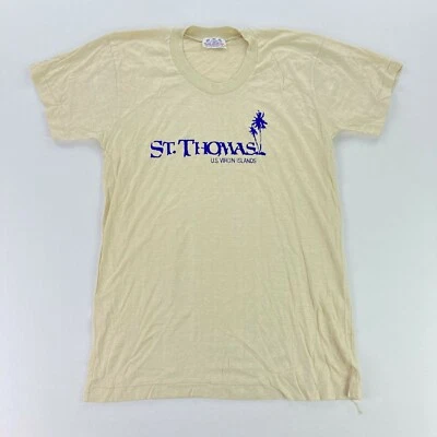 VTG St Thomas US Virgin Islands Men’s Single Stitch T-Shirt Beige/Tan • 38 SMALL - Image 1 of 4