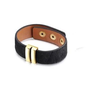 Unisex Black Bracelet Cowhide leather with horse hair adjustable - Picture 1 of 3