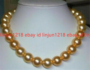 AAA Pretty 10mm Gold South Sea Shell Pearl Round Beads Necklace 18"