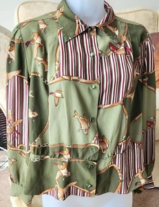 Vintage Handmade Womens Shirt Blouse Green Red Ducks Stripes Waist approx Uk 12 - Picture 1 of 10
