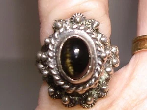 VINTAGE ESTATE TAXCO MEXICO STERLING golden sheen obsidian POISON RING SIGN NJD! - Picture 1 of 8
