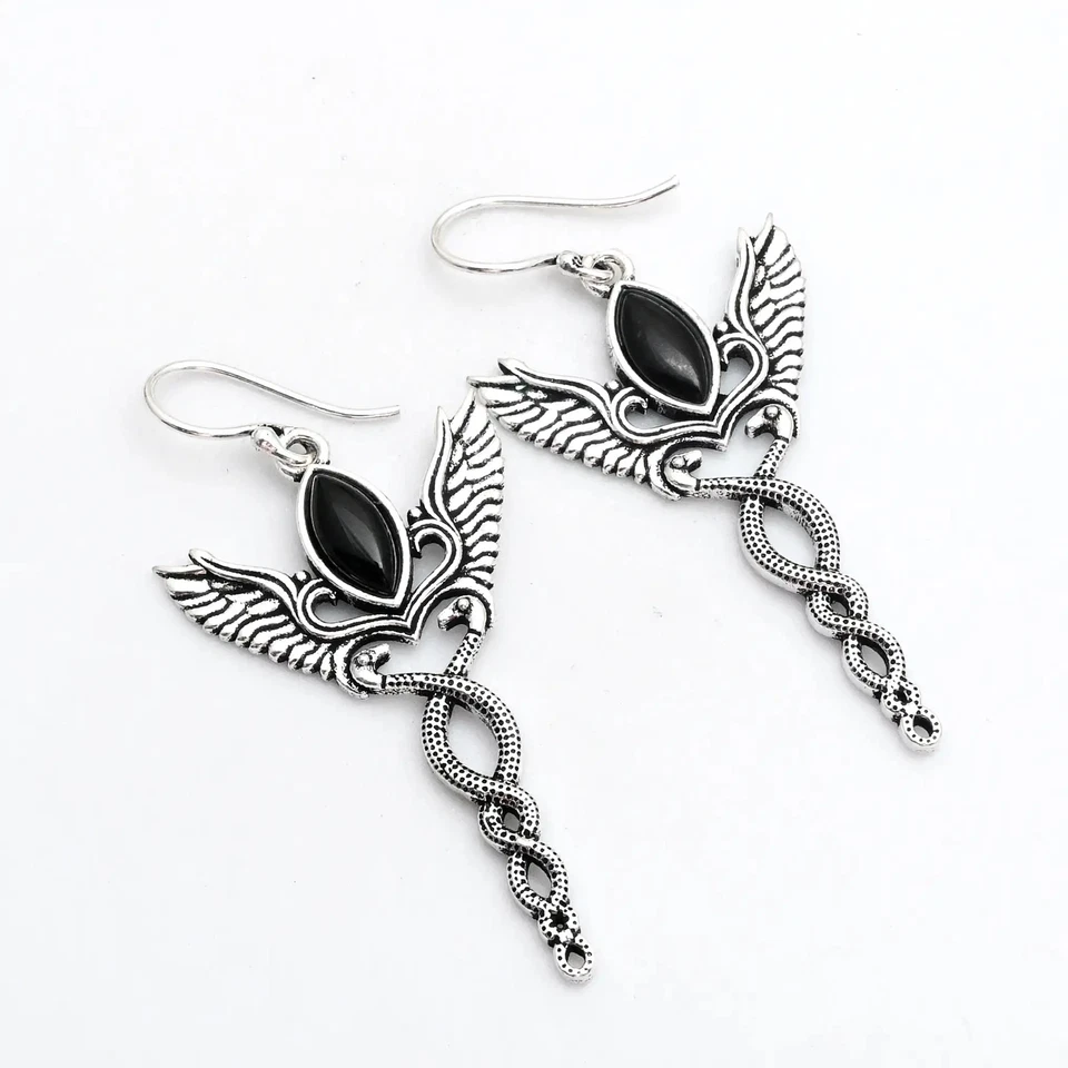 Pendientes colgantes Caduecus hechos a mano con piedras preciosas de ónix negro joyería 2,4" AE-97929 Foto 1 de 1