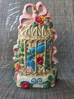 Vtg Doorstop Cast Iron Blue 🐦 Bird Cage Pink Bow Flowers Cottage Decor Bookend - Image 1 of 4