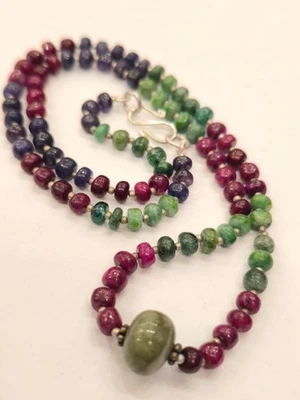 95cts Natural Emerald Ruby Sapphire Necklace Cabochon Beads 925 Silver Clasp 519 - Image 1 of 4