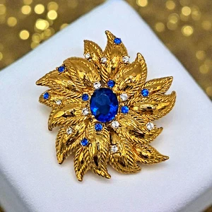 Jackie Kennedy Cornflower Brooch 18kt GP Simulated Sapphire Camrose & Kross - Picture 1 of 11
