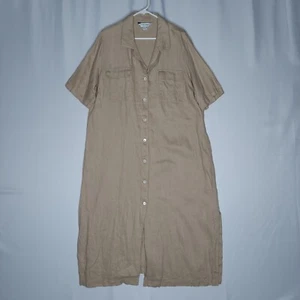 Marina Rinaldi Linen Button Shirt Dress 22 Beige V-Neck Collar Short Sleeve Maxi - Picture 1 of 6