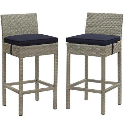 Modway Conduit Bar Stool Outdoor Patio Wicker Rattan Set of 2 in Light Gray Navy - Image 1 of 4