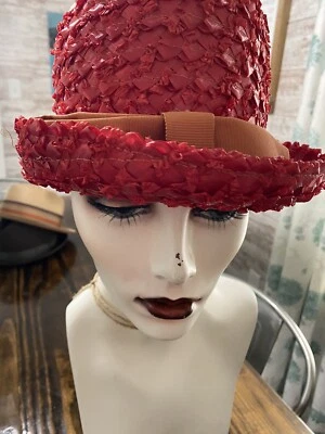 Sombrero cubo vintage tejido paja rojo con lazo naranja tostado Foto 1 de 4