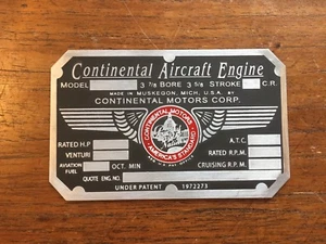 Placa de datos del motor C65, Continental Motors, estilo 2, Piper Cub, Aeronca, Ercoupe - Imagen 1 de 1