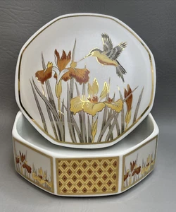 Hummingbird Covered Trinket Powder Box 6" Floral Japan Vintage 1987 - Picture 1 of 24