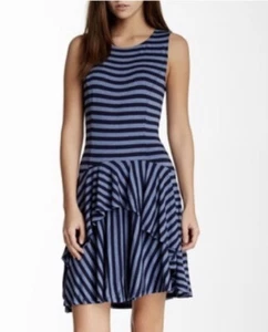 ELLA MOSS Alexa Peplum Dress Blue Striped Jersey Knit Ruffle Tiered Anthro Sz S - Picture 1 of 12