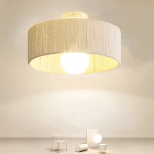 Modern Hemp Rope Shade Semi Flush Mount Light Simple Living Room Ceiling Light - Picture 1 of 11