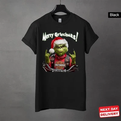 Merry Grinchmas Shirt – Grinch with Harley Davidson Christmas Graphic Tee - Image 1 of 4
