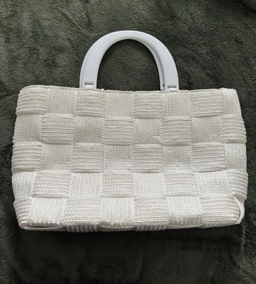 Vtg M&G Bertini Italy Seatbelt Woven Handbag Purse White Lucite? Handles - Image 1 of 4