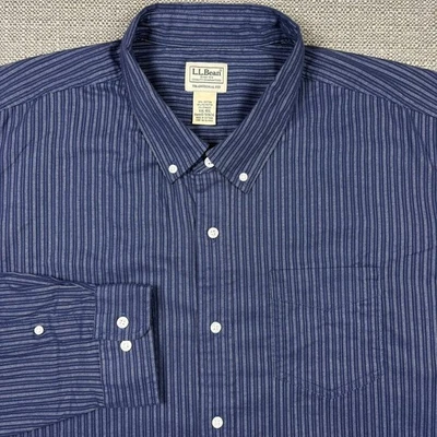 LL Bean Mens Shirt XXL Long Sleeve Blue White Striped Traditional Fit Pocket New - Image 1 of 4