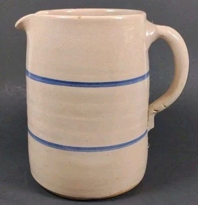 Hand Thrown Antique Stoneware Pottery Jug Pitcher Blue Stripe, 2.25 Qt, 7 3/4" - Picture 1 of 16