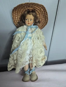 Lenci like Vintage 10" lace cream blue dress straw hat doll metal leg joints - Picture 1 of 9