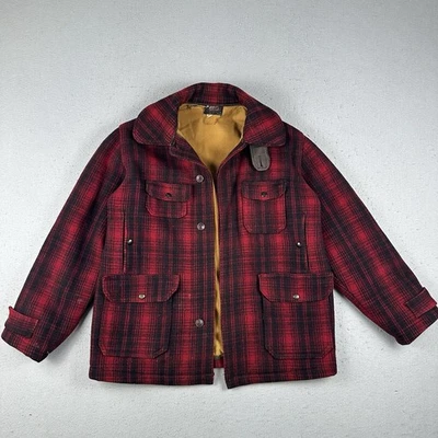 Vtg 40s 50s Woolrich Mackinaw Wool Coat Mens 44 Red Black Buffalo Plaid Hunting - Image 1 of 4