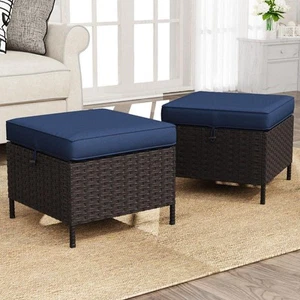 2-Piece Wicker Outdoor Patio Ottoman with Soft Zippered Blue Cushions - Picture 1 of 8