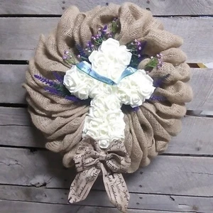 Spring Wreath with Cross, Easter Wreath, Resurrection Floral Wreath 21" inch - Picture 1 of 5