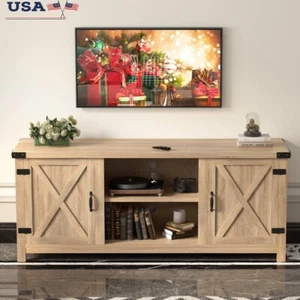 Farmhouse TV Stand Rustic Barn Door Storage Cabinet TVs 65 inch Cable Management - Picture 1 of 8