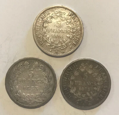 France - (3) Large Silver 5 Francs (1833, 1873 and 1874) - Image 1 of 2