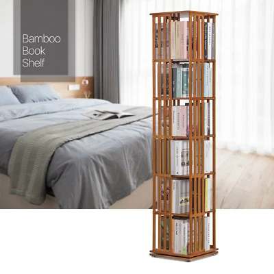 MONIBLOOM Brown Bamboo Slat Panel [ROTATABLE BOOKSHELF]Open Shelving Magazine Storage Rack