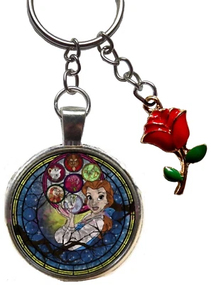 princess figure keyring beauty and the beast belle rose pretty keychain - Image 1 of 2