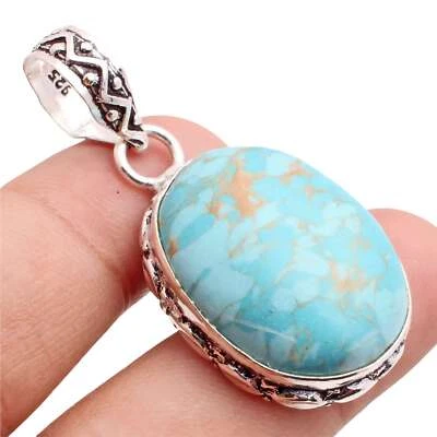 Turchese Gemma 925 Ciondolo Placcato Argento Handmade Gioielli Regalo 3.3cm - Immagine 1 di 3