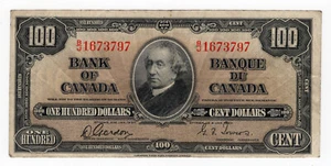 Bank of Canada 1937 $100 Hundred Dollars Note VF B/J Prefix Gordon-Towers - Picture 1 of 2