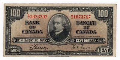 Bank of Canada 1937 $100 Hundred Dollars Note VF B/J Prefix Gordon-Towers - Image 1 of 2