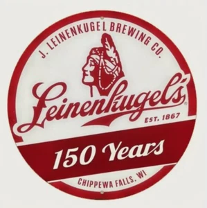 LEINENKUGELS 150 AÑOS CHIPPEWA FALLS CERVEZA 8" REDONDO ALUMINIO LETRERO BAR CUEVA - Imagen 1 de 1