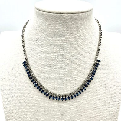 Gargantilla elegante collar de diamantes de imitación azul zafiro tono plata joyería de noche Foto 1 de 4