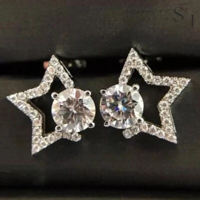 2.50 Carat Round Cut Moissanite Earrings Solid 14K White Gold For Women - Image 1 of 4