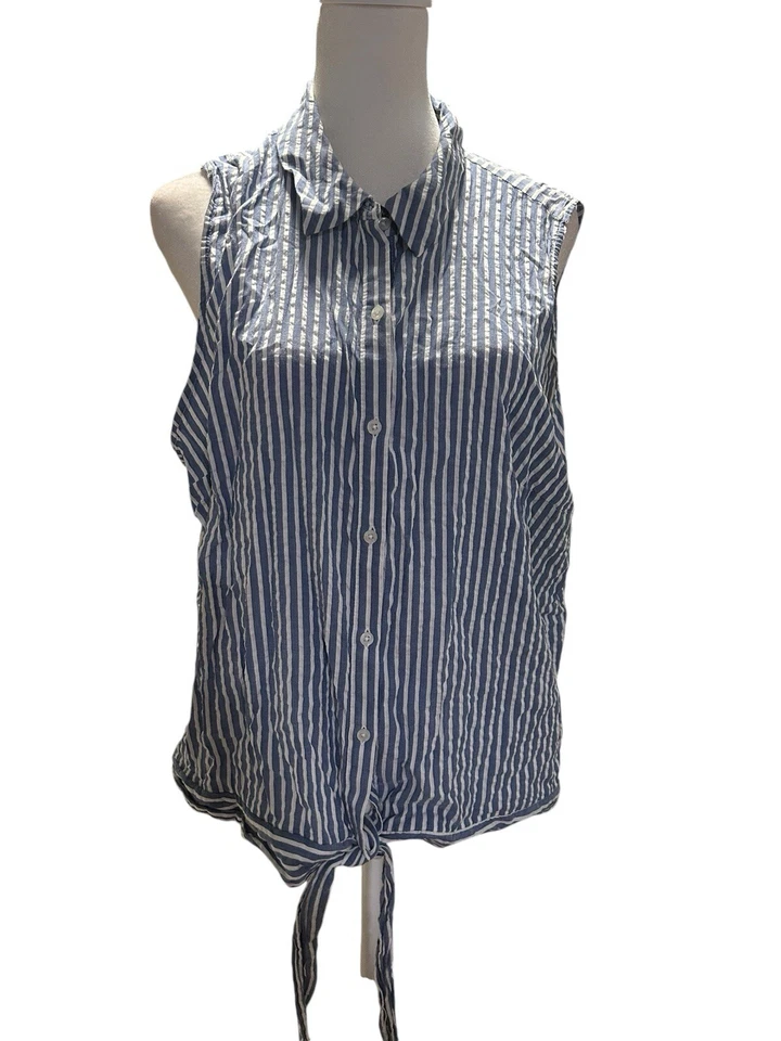 Elle Size 2X Blue Striped Sleeveless Tank With Tie - Image 1 of 4