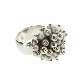 Beaded Pearl Cocktail Ring Size 8 Rhodium Plated Sterling Silver Jewelry