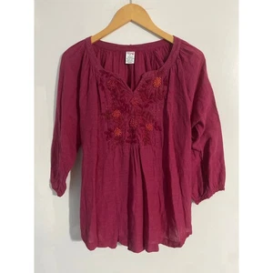 Abrazo hand embroidered top women’s size M burgundy cotton peasant boho cottage - Picture 1 of 5