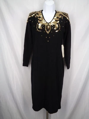 Vestido Suéter Vintage Outlander Petites Leslie Fay Negro Tejido Dorado Lentejuelas PS Nuevo Foto 1 de 4