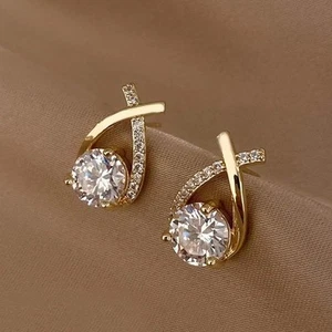 Crystal Cross Drop Stud Earrings ,Gold-Plated 925 Silver, Rhinestone Accents - Picture 1 of 3