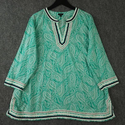 Camiseta Talbots Feminina 2X Verde Branca Paisley Decote Dividido Acabamento Bordado Túnica Top - Imagem 1 de 4