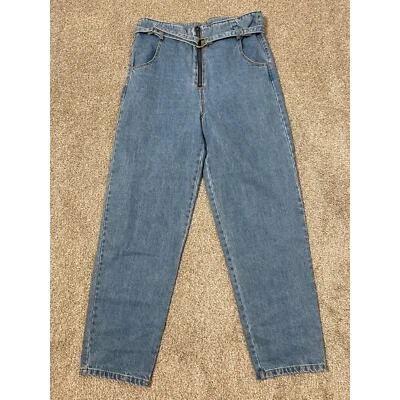 Pantalones de mezclilla retro boho de cintura alta Black Label para mujer con cinturón pierna recta lavado claro 11 Foto 1 de 4