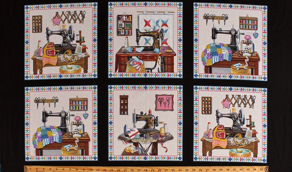 23.5" X 44" Panel Sewing Machines Quilts A Stitch in Time Cotton Fabric D380.23 - Image 1 of 1