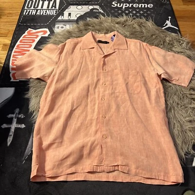 Bugatchi Uomo Mens Short Sleeve Casual Shirt M Neck Peach Pocket (linen Styled) - Image 1 of 4