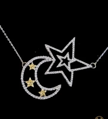 14k Gold Diamond Necklace Moon Star Estate 8 gm - Image 1 of 4