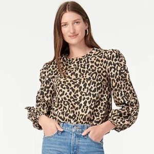 Woman's J. Crew Leopard Print Ruffle Long Sleeve Top Size XS Round Neck Brown - Picture 1 of 9