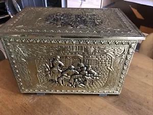 Fire Chest Antique Large Repoussé Brass Clad Wood Kindling Fireside Storage Box - Picture 1 of 8